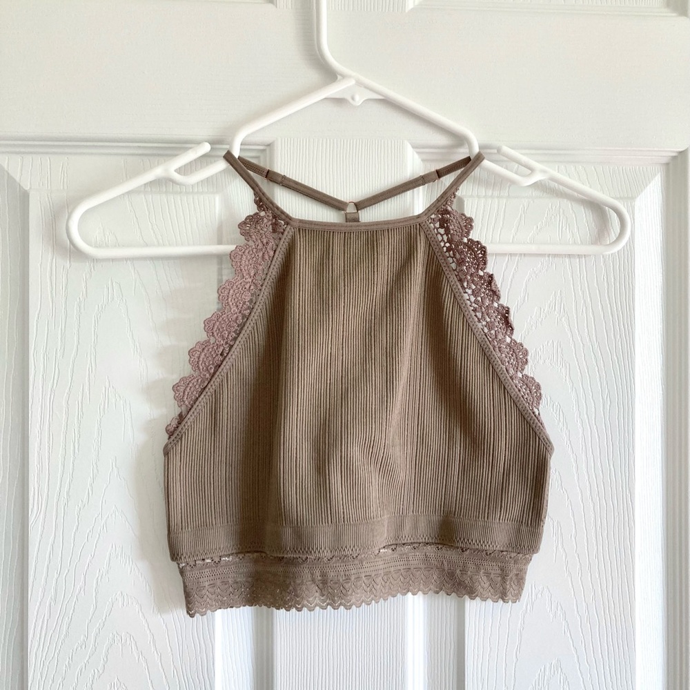 Three Bird Nest Crochet Lace Trim Strappy Bralette - Mocha - Picture 2 of 5